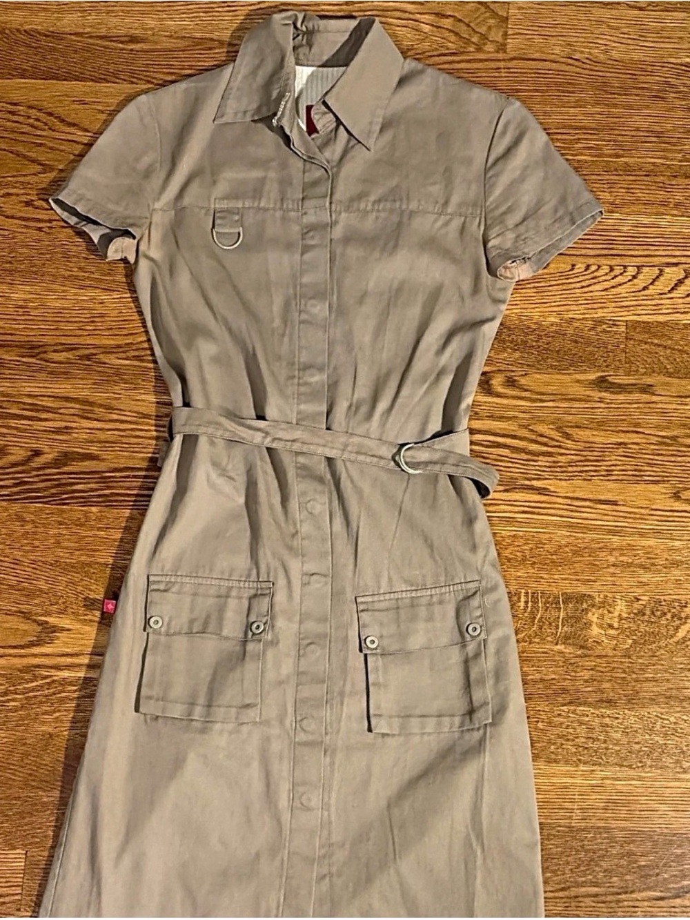 Sessun Short-Sleeve Belted Shirt Dress in Taupe